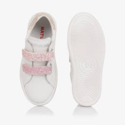 Naturino-Girls White Leather Trainers with Pink Glitter Velcro Straps | Childrensalon