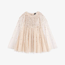 Needle & Thread-Girls Beige Sequinned Tulle Cape Dress | Childrensalon