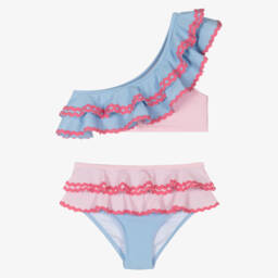 Nessi Byrd-Girls Blue & Pink Ruffle Bikini (UV50) | Childrensalon
