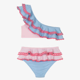 Nessi Byrd-Girls Blue & Pink Ruffle Bikini (UV50) | Childrensalon