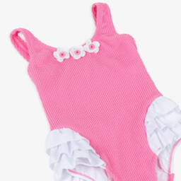 Nessi Byrd-Girls Pink Floral & Ruffle Swimsuit (UV50) | Childrensalon