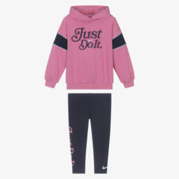 Nike-Girls Pink Hoodie & Navy Blue Leggings Set | Childrensalon