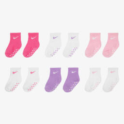 Nike-White, Pink & Purple Cotton Logo Baby Socks (6 Pack) | Childrensalon