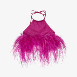 Girls Fuchsia Pink Lumiére Feather Trim Halter Neck Top