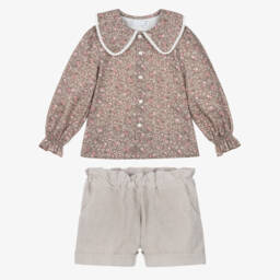Paloma de la O-Girls Beige Floral Blouse & Needlecord Shorts Set | Childrensalon
