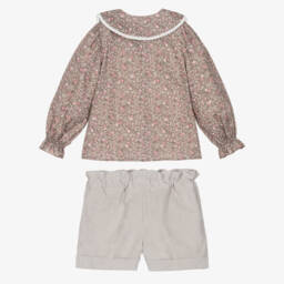 Paloma de la O-Girls Beige Floral Blouse & Needlecord Shorts Set | Childrensalon