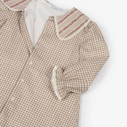 Paloma de la O-Платье бежево-кремовое в клетку из хлопка с цветочным воротником | Childrensalon