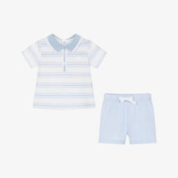 Patachou-Baby Boys Blue Striped Cotton Shorts Set | Childrensalon
