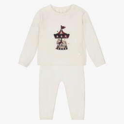 Patachou-Baby Boys Ivory Knitted Trouser Set with Carousel Motif | Childrensalon