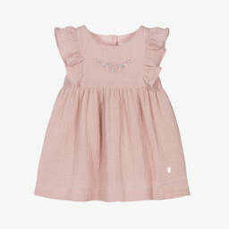 Patachou-Baby Girls Pink Embroidered Cotton Muslin Dress | Childrensalon
