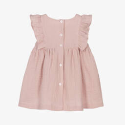 Patachou-Baby Girls Pink Embroidered Cotton Muslin Dress | Childrensalon