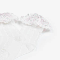 Patachou-Baby Girls White Floral Stripes Frill Socks | Childrensalon