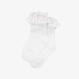 Patachou-Baby Girls White Floral Stripes Frill Socks | Childrensalon
