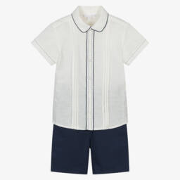 Patachou-Boys Ivory & Blue Shorts Set | Childrensalon