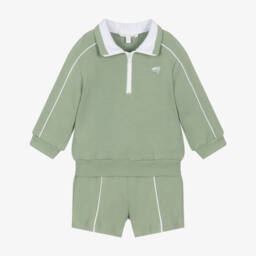Patachou-Boys Sage Green Piqué Quarter-Zip Top & Shorts Set | Childrensalon