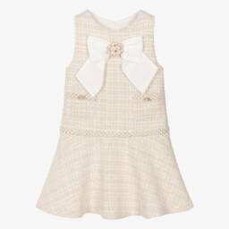 Gils Champagne Beige Tweed Bow Dress