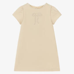 Patachou-Girls Beige Dress with Diamanté & Faux Pearl Bow | Childrensalon