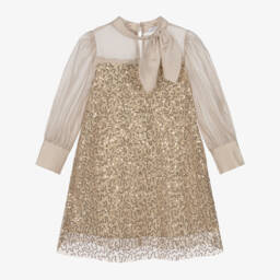 Patachou-Girls Beige & Gold Sequinned Mesh Dress | Childrensalon