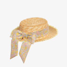 Patachou-Girls Beige Liberty Print Straw Hat | Childrensalon