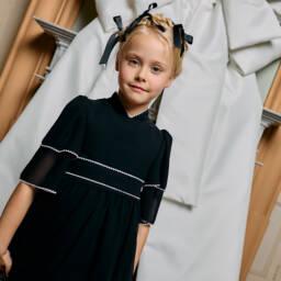 Patachou-Girls Black Chiffon Dress with White Picot Trims | Childrensalon