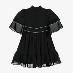 Patachou-Girls Black Chiffon Dress with White Picot Trims | Childrensalon