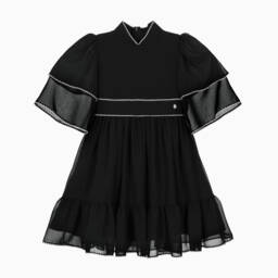 Patachou-Girls Black Chiffon Dress with White Picot Trims | Childrensalon