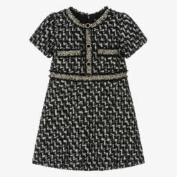 Girls Black & Ivory Tweed Dress 