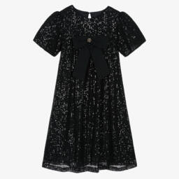 Girls Black Sequin Dress with Crêpe Bow 