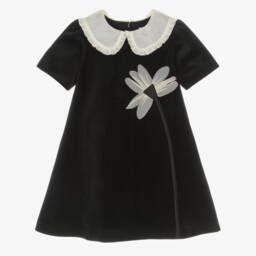 Patachou-Girls Black Velvet Dress with Ivory Crêpe Floral Appliqué | Childrensalon