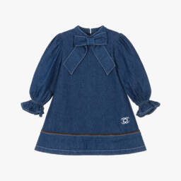 Girls Blue Chambray Dress with Bow Neckline
