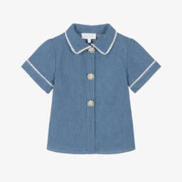 Girls Blue Denim Blouse with Crystals & Pearl Beads