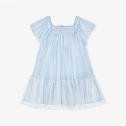 Patachou-Girls Blue Dotted Tulle Dress | Childrensalon