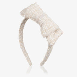 Girls Champagne Beige Tweed Bow Hairband