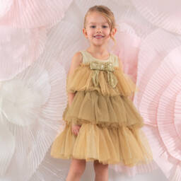 Patachou-Girls Glittery Gold Tiered Tulle Dress | Childrensalon