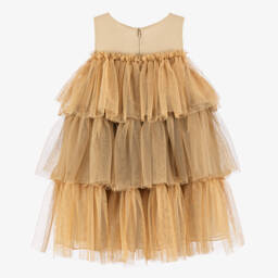 Patachou-Girls Glittery Gold Tiered Tulle Dress | Childrensalon