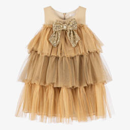 Patachou-Girls Glittery Gold Tiered Tulle Dress | Childrensalon