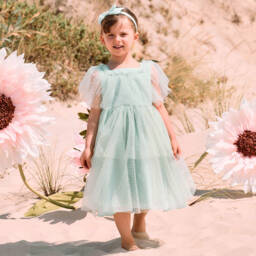 Patachou-Girls Green Dotted Tulle & Chiffon Dress | Childrensalon