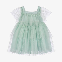 Patachou-Girls Green Dotted Tulle & Chiffon Dress | Childrensalon