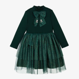 Patachou-Girls Green Glittery Tulle Tiered Dress | Childrensalon
