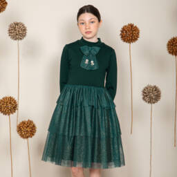 Patachou-Girls Green Glittery Tulle Tiered Dress | Childrensalon