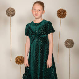 Patachou-Girls Green Sequinned Velour Dress | Childrensalon
