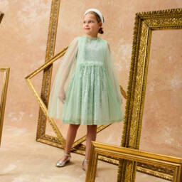 Patachou-Girls Green & Silver Sequinned Cape Dress | Childrensalon