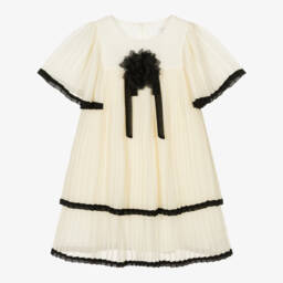 Patachou-Girls Ivory & Black Pleated Chiffon Dress | Childrensalon