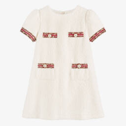 Girls Ivory Bouclé Dress with Tweed Trims
