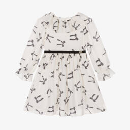 Patachou-Girls Ivory Crêpe Dress with Black Bows | Childrensalon