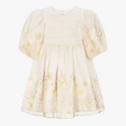Patachou-Girls Ivory Floral Print Chiffon Dress with Ruched Bodice | Childrensalon