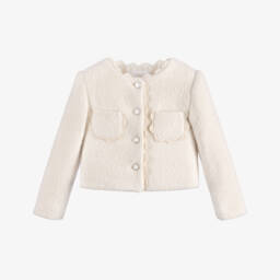 Girls Ivory Fluffy Short Jacket with Ricrac Trim