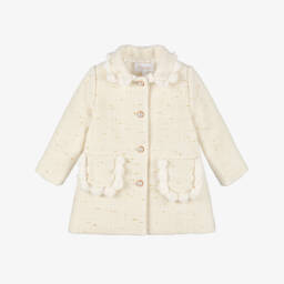 Girls Ivory & Gold Tweed Coat with Faux Fur Trims