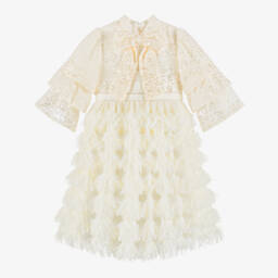 Patachou-Girls Ivory Layered Dress with Sequins & Feathered Tulle | Childrensalon