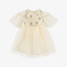 Patachou-Girls Ivory & Silver Embroidered Tulle Dress | Childrensalon